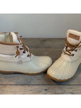 Sperry Womens  Duck Boots Size 6.5 Beige & Tan Waterproof Rubber Sole & Canvas U